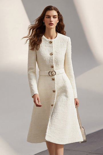 Ivory Tweed A-Line Round Neck Business Casual Dress With Belt